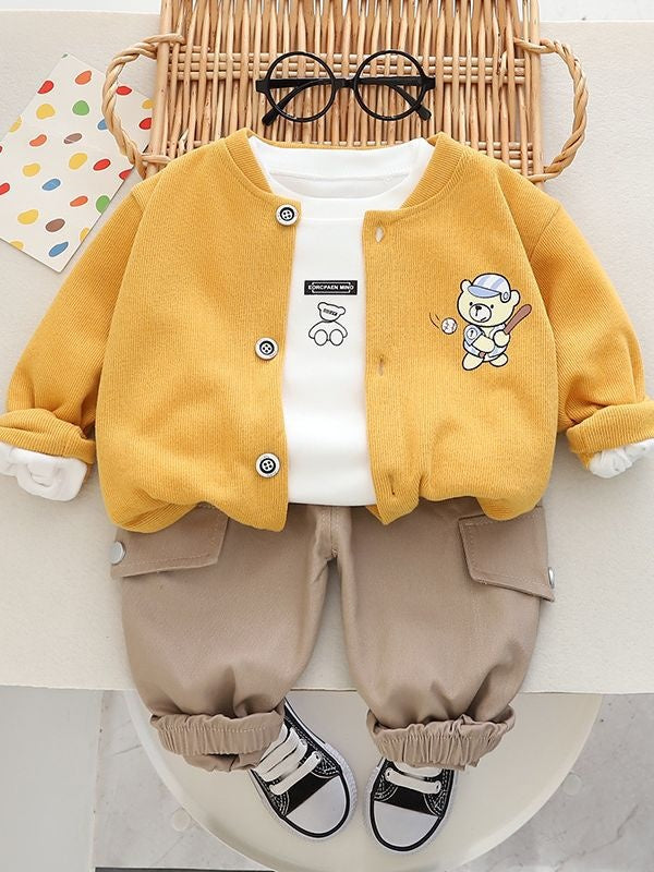Autumn Children's New Three-Piece Comfortable Cardigan Cartoon Bear Print Long Sleeve Jacket Boys' Set Manufacturer Wholesale