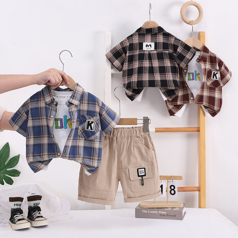 Boys' Outfit 2026 New Cool and Stylish Sports Set for Young Children, Thin Plaid Short-Sleeve Shirt Three-Piece Summer Trend