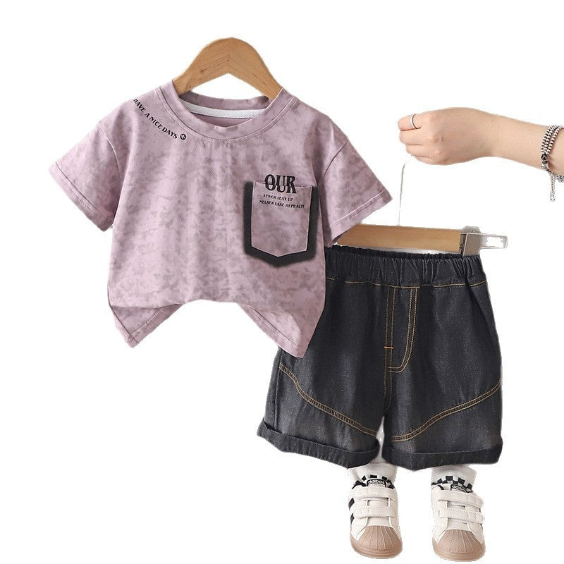 Boys' Outfit 2026 New Style Children's Letter Pocket Short Sleeve Korean Version Baby Summer Thin Two-Piece Set Trendy