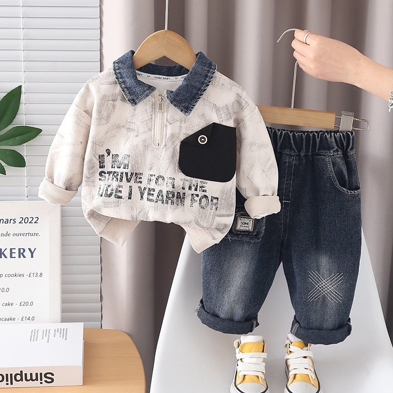 Boys' Fashionable Color-Block Pocket Sweatshirt Set, Baby Spring 2026 New Trendy Toddler Sports Casual Wear