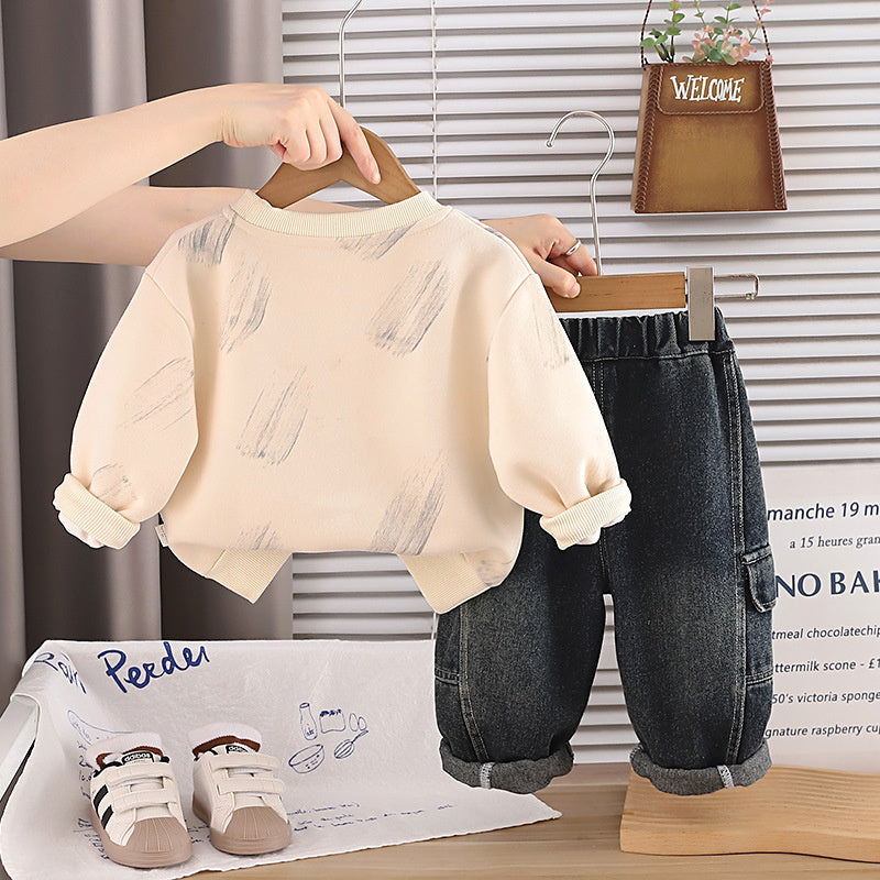 Boys' Autumn Outfit 2026 Spring-Autumn Clothes Infant Children's Letter Sweatshirt Baby Stylish Round Neck Two-Piece Set Trendy