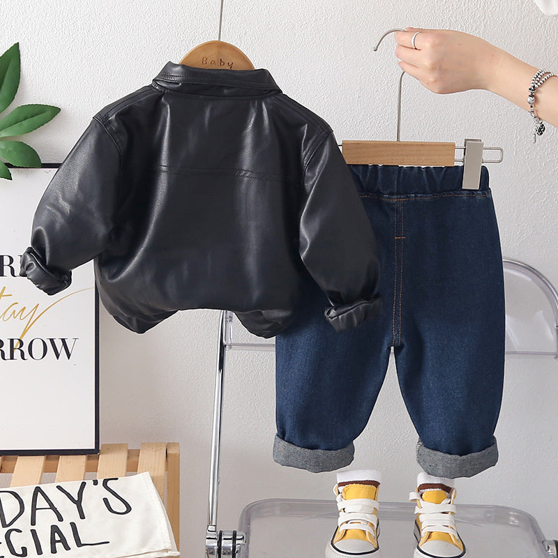 Boys' Outfit 2026 New Fashionable Baby Children's Spring and Autumn Stylish Turn-down Collar Square Pocket Leather Jacket Two-piece Set
