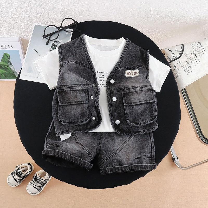 Summer Suit 2026 New Children's Baby Denim Vest Short Sleeve Three-piece Set Korean Style Boys Casual Wear