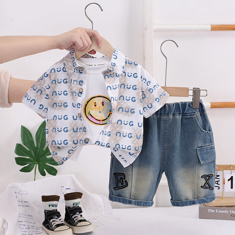 Boys' Outfit 2026 New Children's Wear Short-Sleeve Stylish Baby Summer Smiley Face Shirt Three-Piece Set