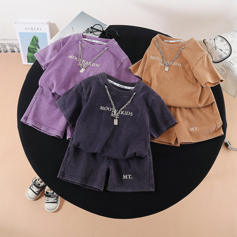2026 New Children's Short-Sleeve Set for Boys, Baby Two-Piece Outfit with Chain Letter Design, Summer Casual Outing Clothes