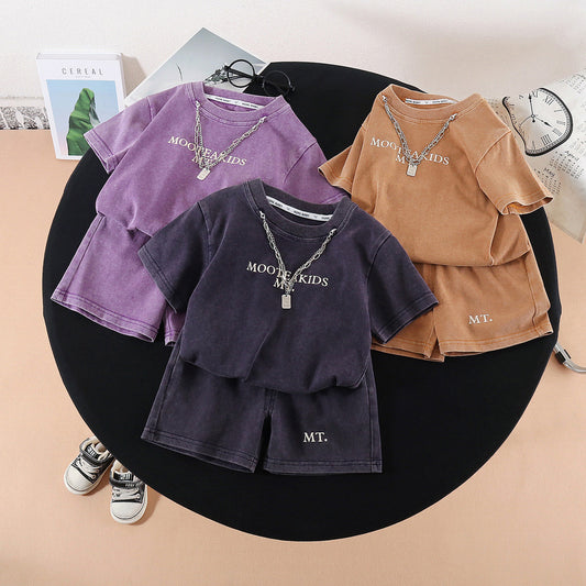 2026 New Children's Short-Sleeve Set for Boys, Baby Two-Piece Outfit with Chain Letter Design, Summer Casual Outing Clothes