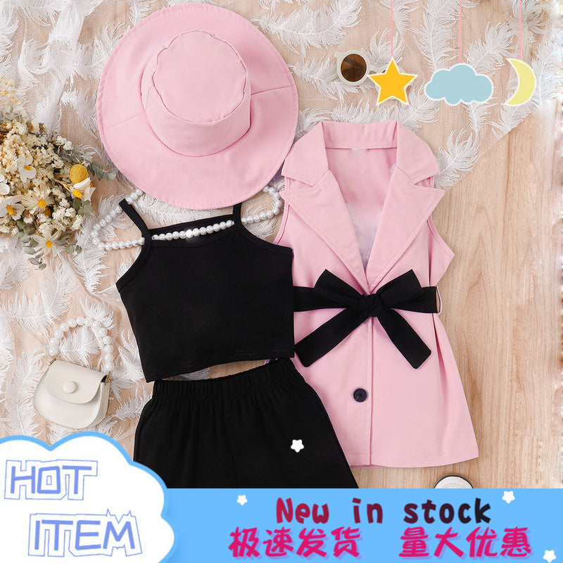 European American summer girls' outfit: four-piece set for young children including camisole, shorts, sleeveless blazer, and hat
