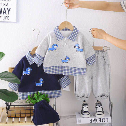 Spring and Autumn Outfit 2026 New Fall Clothing Boys' Cartoon Three-Puppy Two-Piece Set Trendy Fashionable Children's Wear