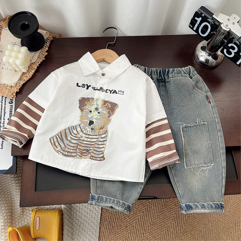 Outfit 2025 New Casual Baby Puppy Patchwork Two-Piece Set Spring and Autumn Infant Boys' Clothing