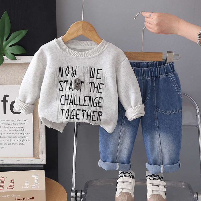 Boys' Outfit Spring and Autumn 2026 New Fashionable Children's Casual Embroidered Letter Sweatshirt Two-Piece Set Trendy