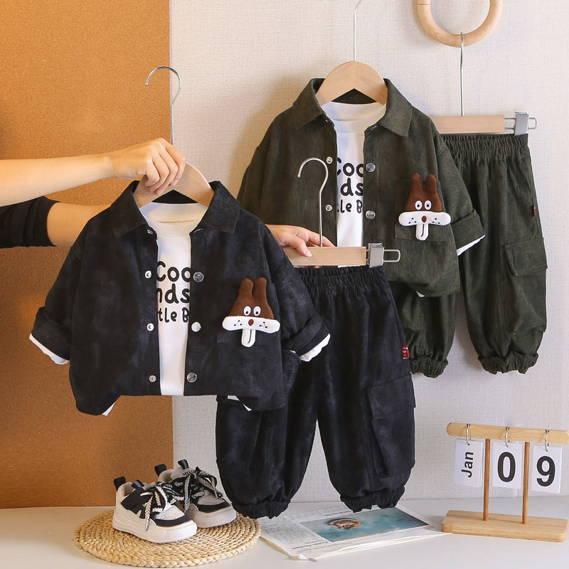 Boys' Autumn Outfit New Fashionable Infant and Children's Clothing Stylish Baby Outerwear Spring Corduroy Shirt Three-Piece Set