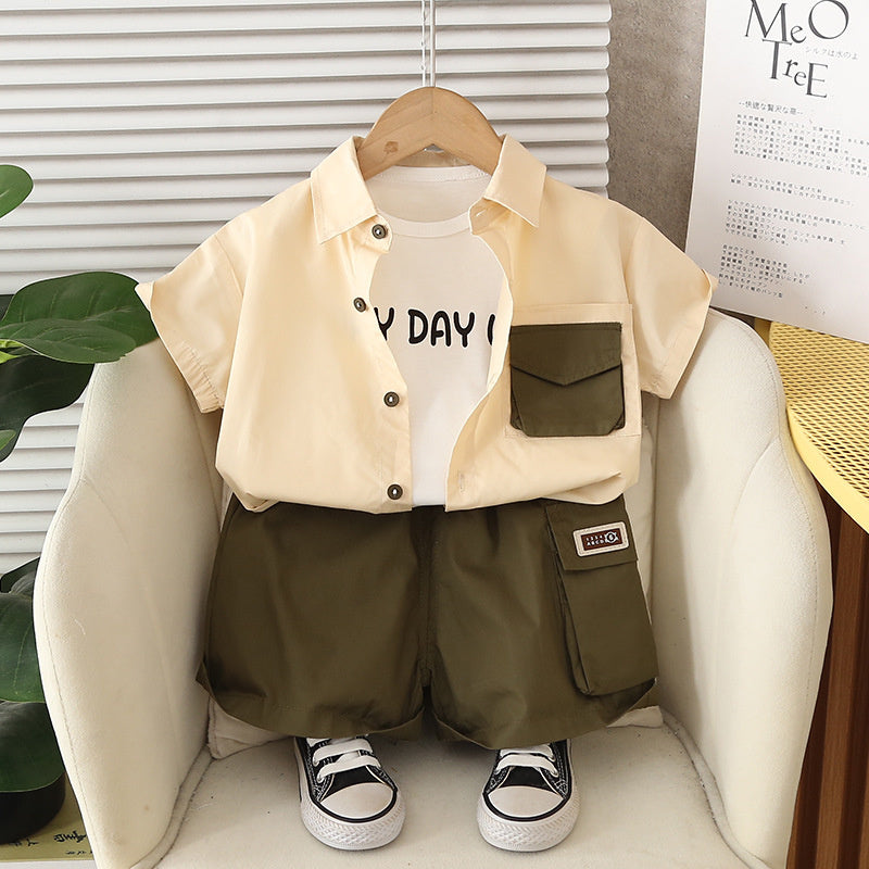 Boys' Short-Sleeve 2026 New Summer Outfit Baby Stylish Korean Version Children's Double-Pocket Shirt Three-Piece Trendy Set
