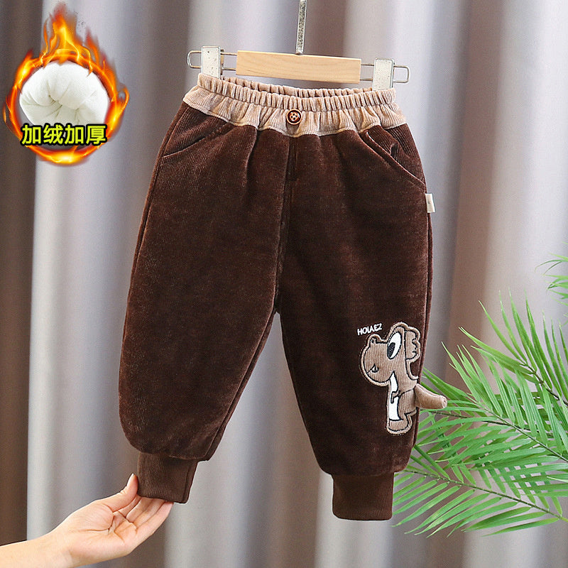 Boys New Warm Cotton Baby Cartoon Thickened Casual Children Winter Stylish Dinosaur Pants Trendy
