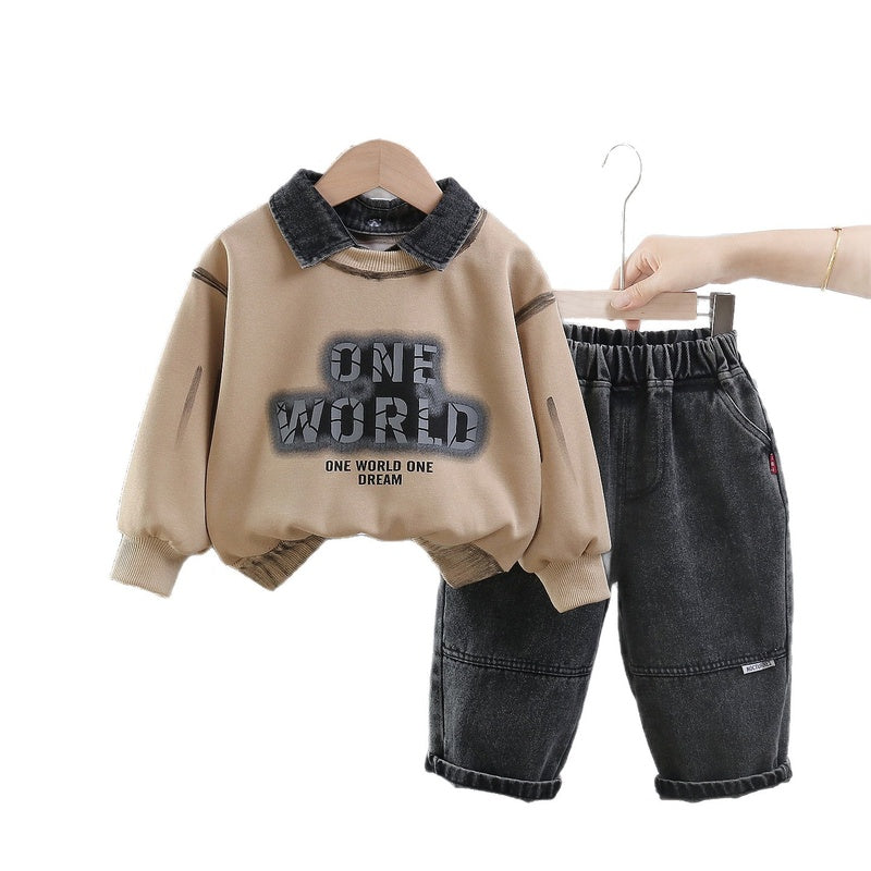 Children's Outfit 2026 New Style Boys' Stylish Detachable Denim Collar Letter Two-Piece Set Baby Spring and Autumn Clothing