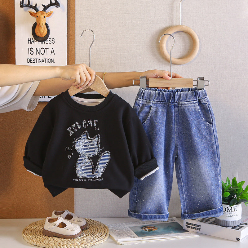 Girls' Outfit Set, Spring Autumn 2026 New Fashionable Stylish Cat Print Round Neck Sweatshirt and Jeans for Babies Wholesale