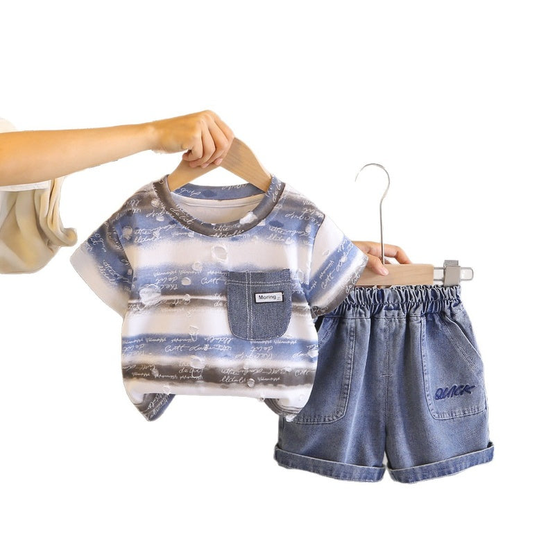 Boys' Outfit 2026 New Style Children's Casual Baby Boy Summer Small Letter Wave Pattern Short Sleeve Two-Piece Set