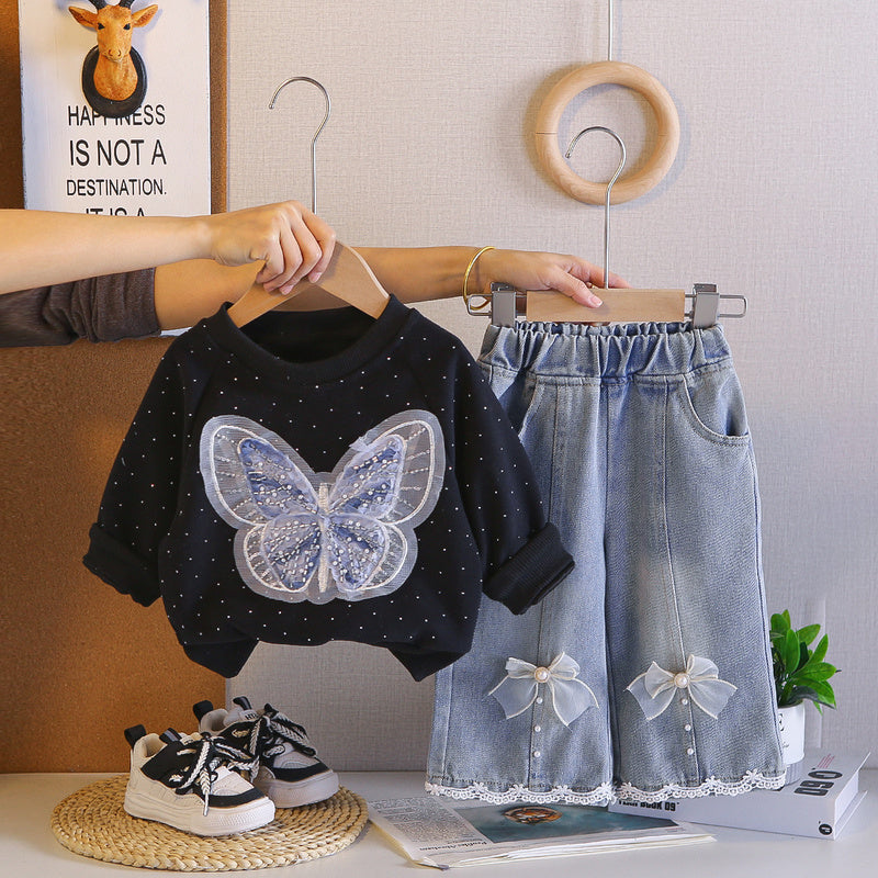 Spring Baby Butterfly Round Neck Sweatshirt 2026 New Casual Stylish Sleeve Long Pants Two-Piece Set for Girls