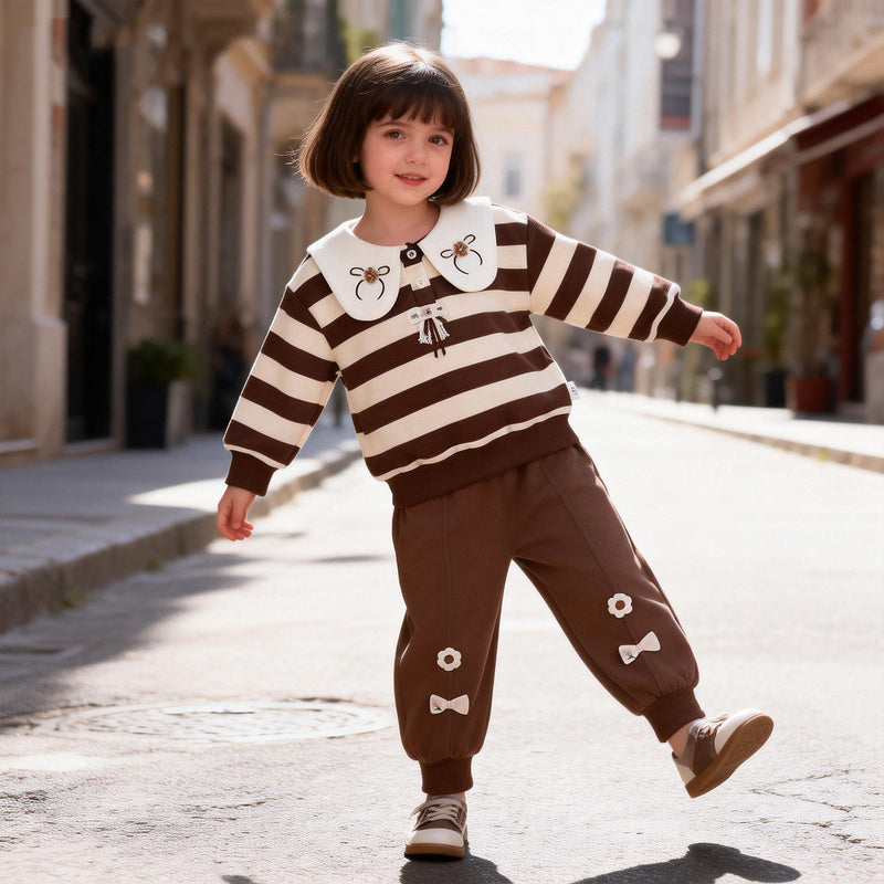 Girls' Sweatshirt 2026 New Baby Children's Clothing Spring and Autumn Outfit Striped Bow Two-Piece Set Trendy
