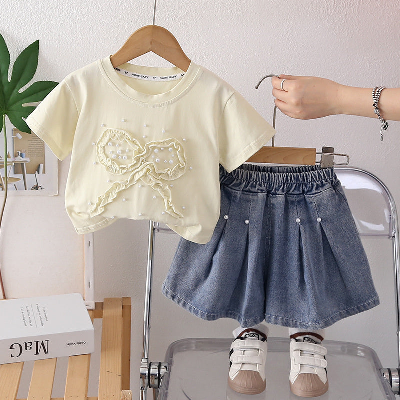 Girls' Stylish Outfit 2026 Summer New Korean Version with Ruffled Bowknot Lace and Pearl Short Sleeve Two-Piece Set for Babies