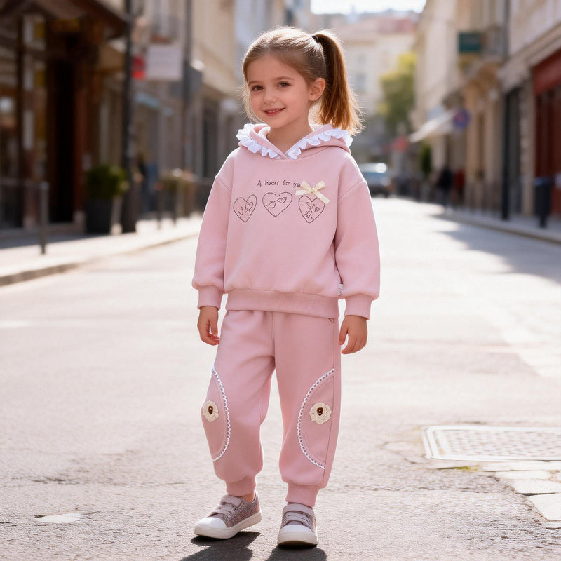 Girls' Outfit 2026 New Fashionable Heart Pattern Hooded Long Sleeve Two-Piece Set Children's Spring and Autumn Clothing