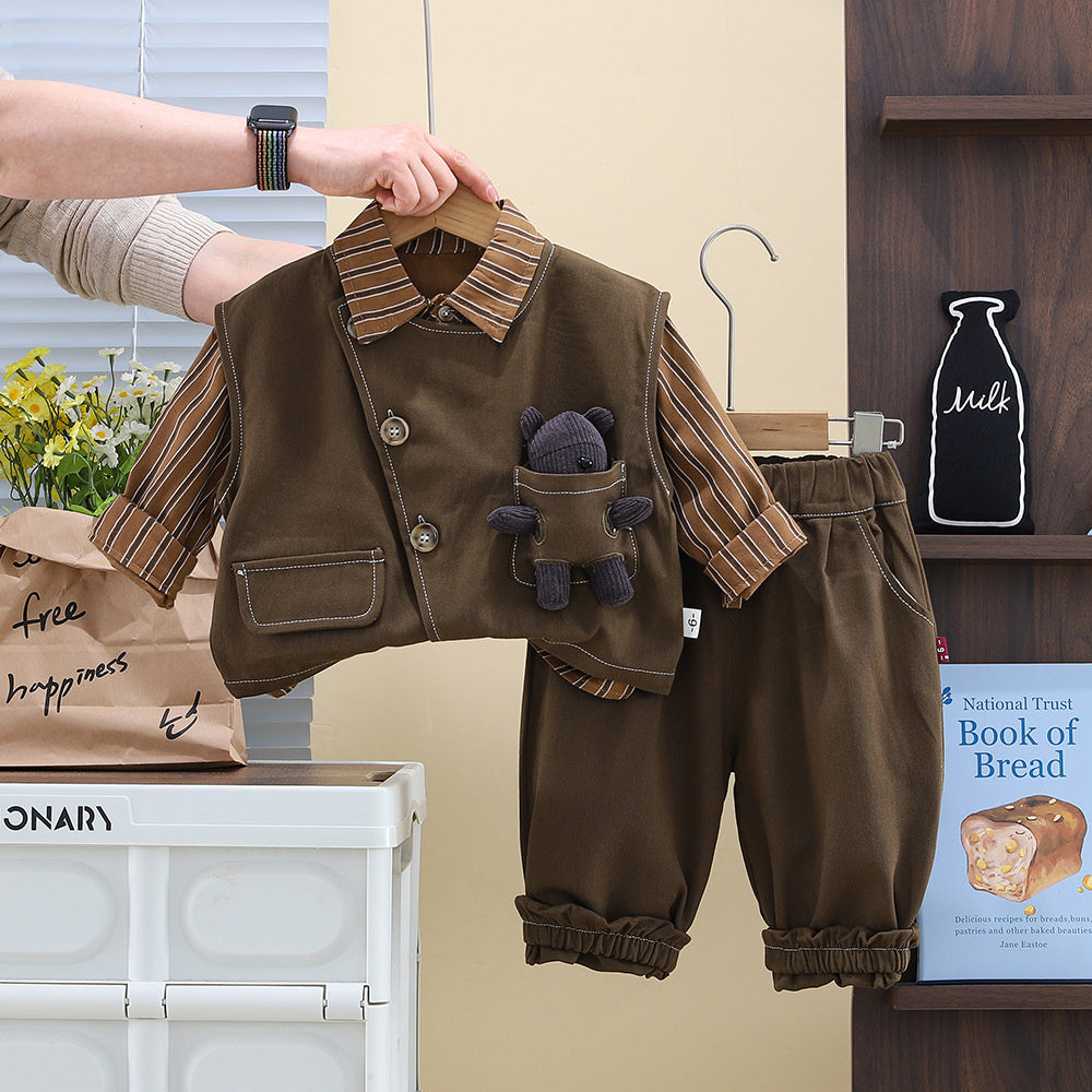 Baby Boy and Autumn Outfit 2025 New Spring 3D Bear Striped Shirt Vest Three-Piece Set Children's Clothing