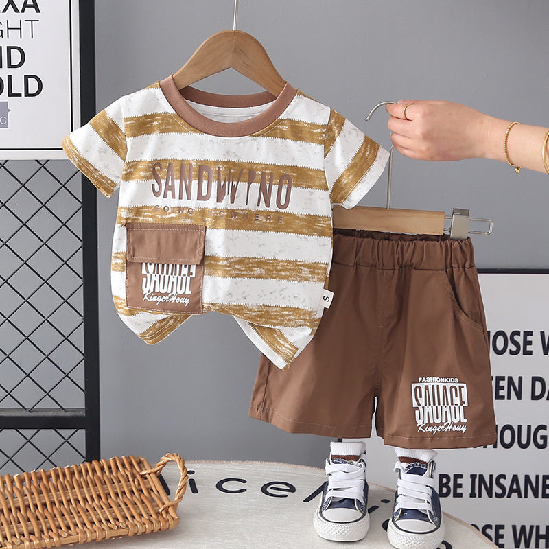 Boys' Striped Casual Short-Sleeve 2026 New Summer Outfit Baby Korean Style Children's Thin Two-Piece Trendy Set