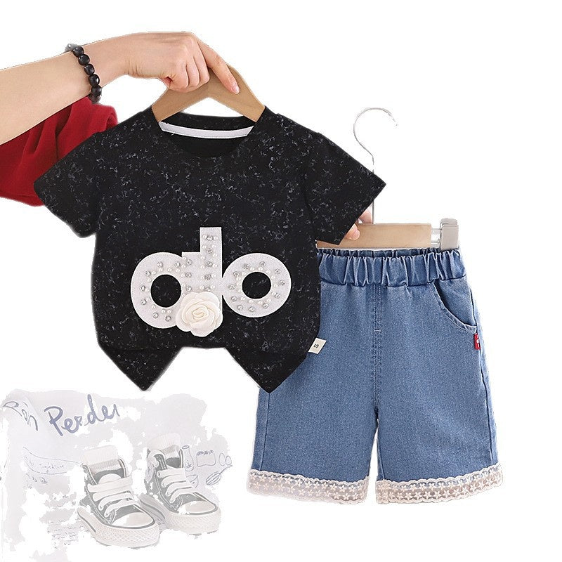 Girls' Summer Outfit 2026: Baby with Rhinestone Letters, Short-Sleeve Denim Shorts, New Trendy Two-Piece Set