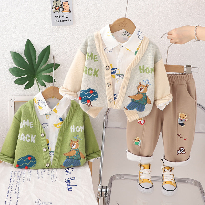 Boy Autumn Outfit Bear Cardigan Three-Piece Set 2024 New Style 1-2-3 Years Old Toddler Clothing Baby Trend