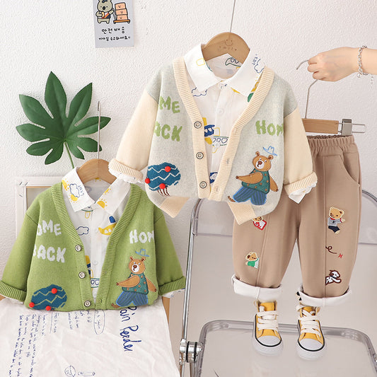 Boy Autumn Outfit Bear Cardigan Three-Piece Set 2024 New Style 1-2-3 Years Old Toddler Clothing Baby Trend
