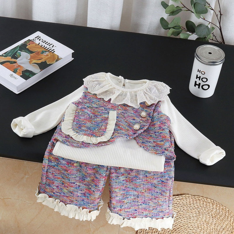 Girls' 2026 New Fashionable Children's Vest Autumn Outfit for Baby Girls with Colorful Dots, Lace, and Pockets Three-Piece Set