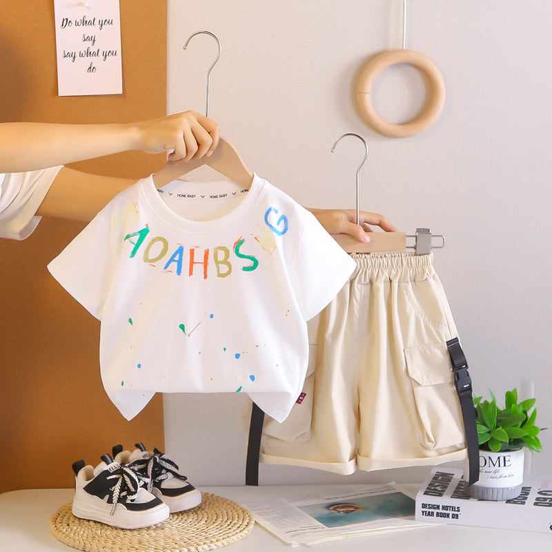 Boys' Outfit 2026 New Style Toddler Letter Print Polka Dot Short Sleeve Children's Clothing Baby Summer Two-Piece Set