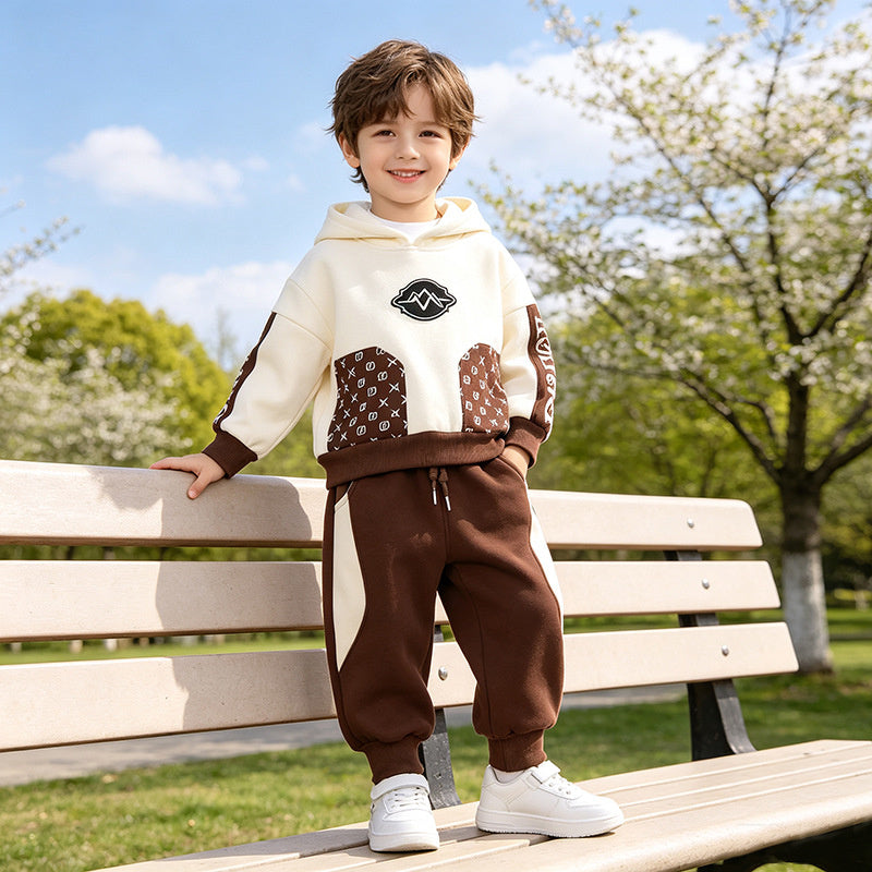 Boys' Autumn and Outfit 2026 New Korean Style Stylish Children's Winter Clothing Baby Fleece-Lined Color-Block Sweatshirt Two-Piece Set
