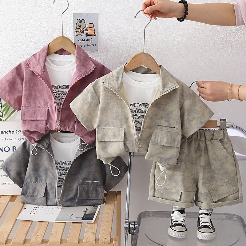 Baby Outfit 2026 New Fashionable Set for Boys, Summer Stand Collar Zipper Shirt Three-Piece Set, Infant and Children's Clothing