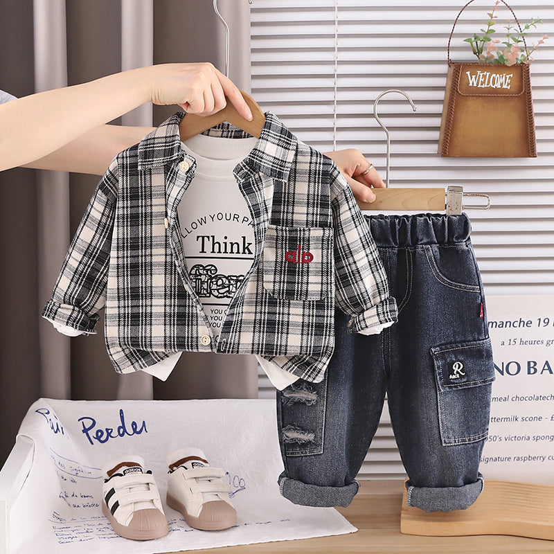 Boys' Suit 2026 New Korean Style Casual Wear for Children Spring and Autumn Plaid Shirt Cardigan Three-Piece Set Wholesale