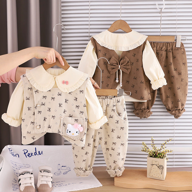 Girls' Outfit 2026 New Fashionable Children's Spring and Autumn Corduroy Bow Three-Piece Set for Girls