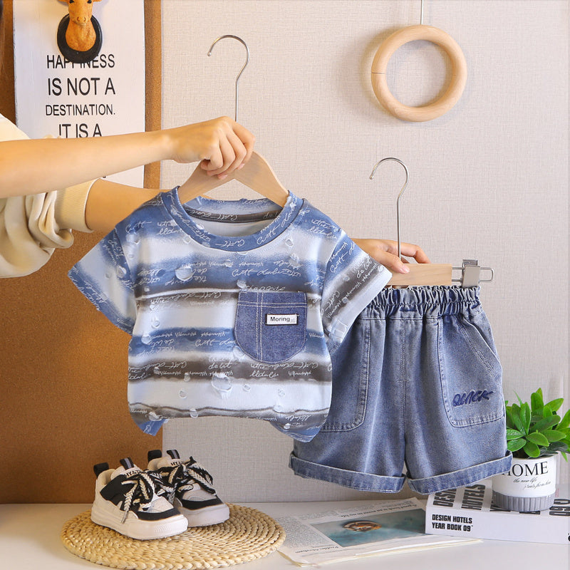 Boys' Outfit 2026 New Style Children's Casual Baby Boy Summer Small Letter Wave Pattern Short Sleeve Two-Piece Set