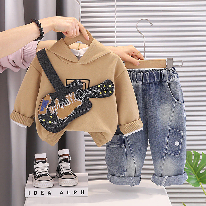Boys' Spring and Autumn 2026 New Stylish 3 Children's Long Sleeve Patch Guitar Two-Piece Set Baby Clothes for 1-Year-Old Boys