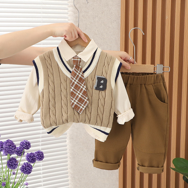 Boys' Autumn Outfit with Tie B-Line Sweater Three-Piece Set 2023 New Style for 1-2-4 Year Olds Casual Fashionable Children's Clothing