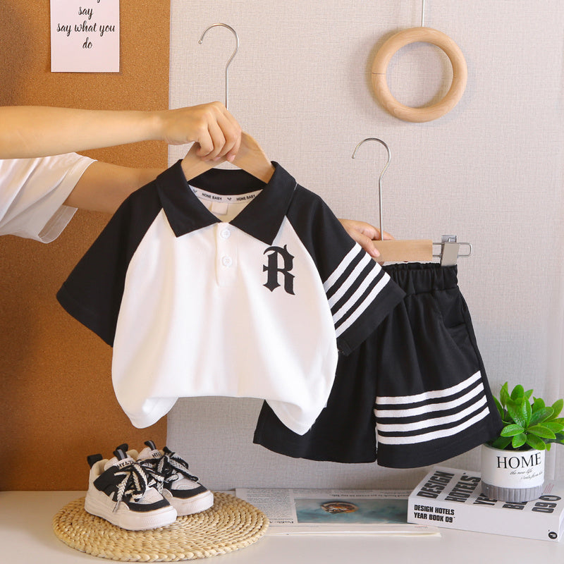 Boys' Outfit 2026 New Style Children's Summer Striped Letter Print Short Sleeve Stylish Two-Piece Set for Kids