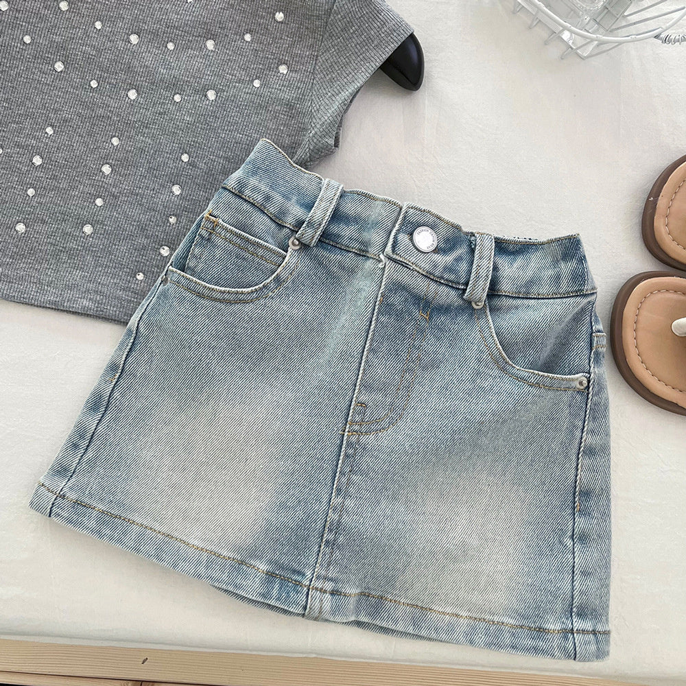 Girls' Summer Korean Style Short Sleeve T-Shirt Set 2025 New Fashionable Baby Girl Two-Piece Outfit with Sparkling Rhinestone Denim Skirt