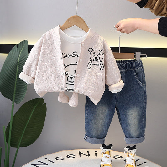 Boys' Outfit 2025 Spring and Autumn New Style Girls' Cartoon Clothes Children's Jeans Three-Piece Set Export