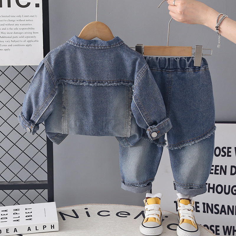 Boys' Outfit 2026 New Fashionable Children's Spring and Autumn Baby Casual Three-Piece Set with 3D Frayed Edge Denim