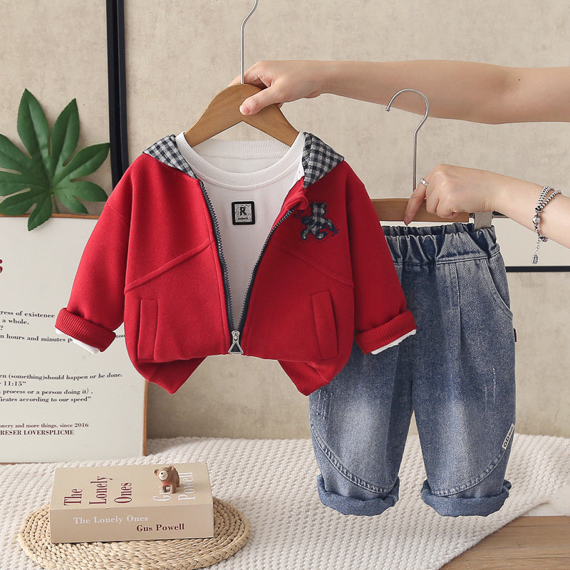 Children's Clothing 1-2-3-4 Years Old Boys Plaid Hooded Bear Three-Piece Set Baby Spring and Autumn Outfit Wholesale