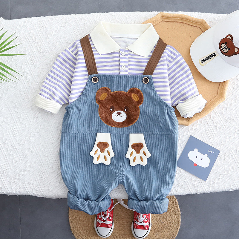 Boys' Striped Sweatshirt 2025 New Children's Spring and Autumn Stylish Cartoon Bear Overalls Two-Piece Set