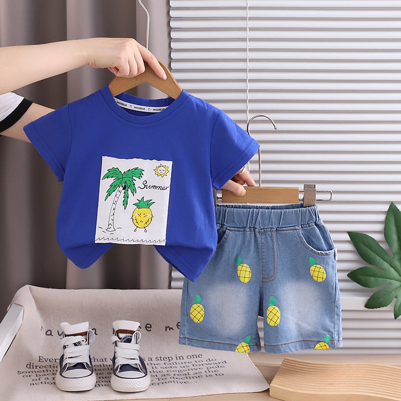 Boys' Outfit 2026 New Fashionable Toddler Baby Summer Pineapple Round Neck Short Sleeve Thin Cartoon Clothes