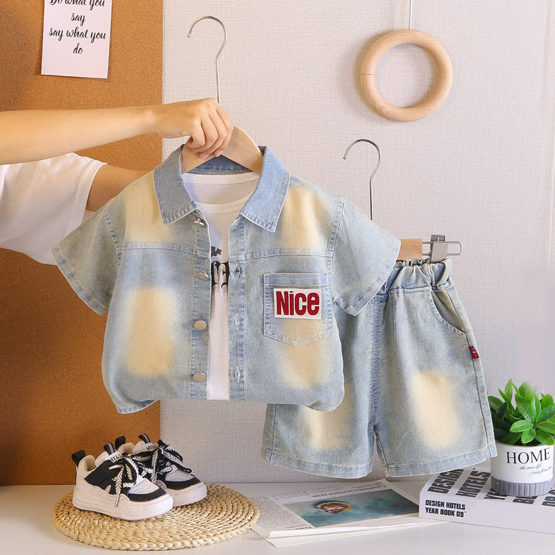 Boys' Outfit 2026 New Stylish Children's Thin Letter Denim Short Sleeve Three-Piece Set Baby Summer Trend