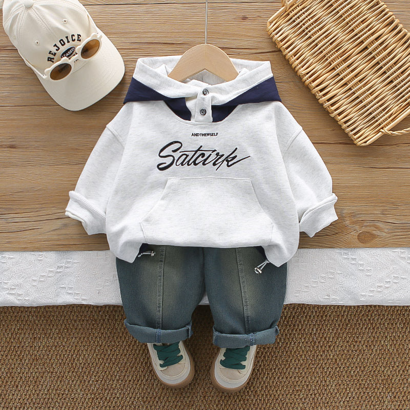 Boys' Spring English Hoodie Sweatshirt Set 2026 New Fashionable Children's Sporty Two-Piece Outfit for Little Boys