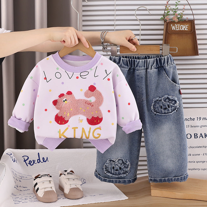 Girls' Outfit Set, Stylish 2026 New Model, Baby Girl Spring and Autumn Colorful Dot Embroidered Sweatshirt Two-Piece Set