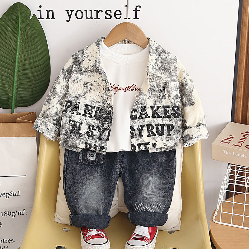 Baby Boy Spring and Autumn Outfit 2026 New Cute Infant Clothes Toddler Embroidered Letter Long Sleeve Three-Piece Set Trendy