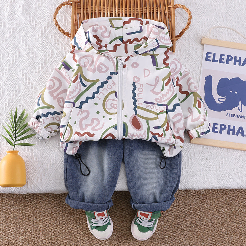 Boys' Outfit for Spring and Autumn 2026 New Graffiti Line Jacket, Long Sleeve Baby Korean Style Two-Piece Set Trendy
